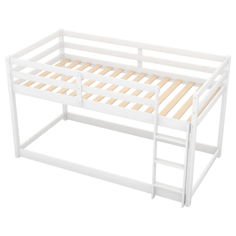 White Twin over Twin Low Bunk Bed with Ladder, Solid Wood, Sleeps 2
