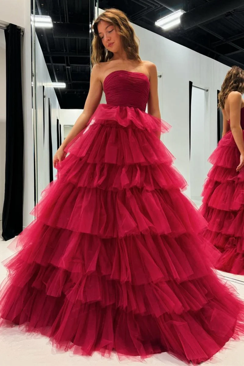 A-Line Strapless Tiered Tulle Prom Dress with Ruffles
