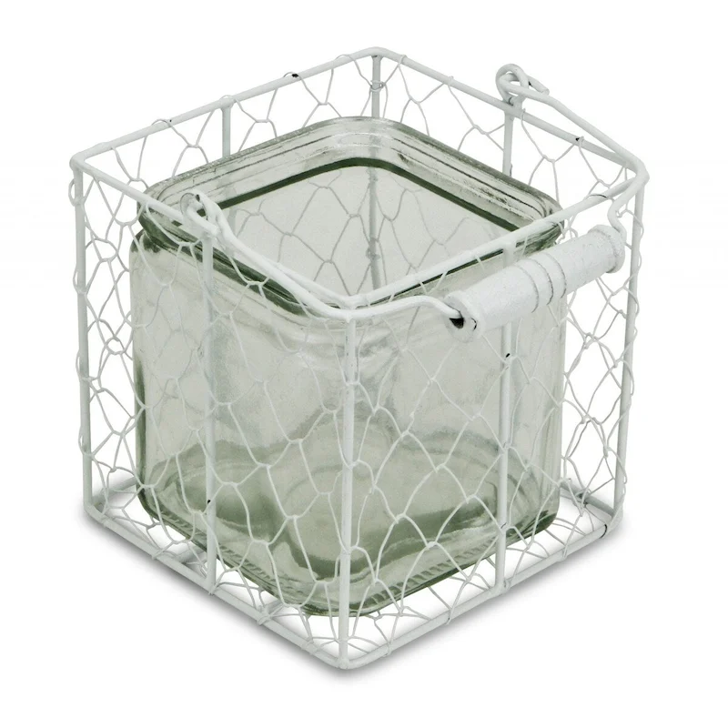 HomeRoots 5.5  White and Clear Wire Basket Glass Jar - 5.5  x 5.5  x 5.5