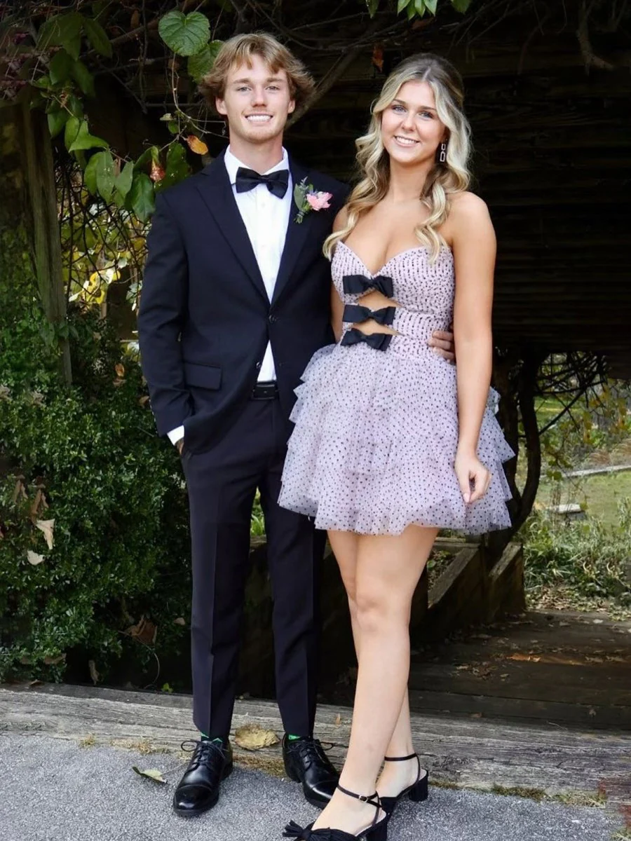 Pink - A Line Strapless Dot Tulle Ruffle Homecoming Dresses With Bow