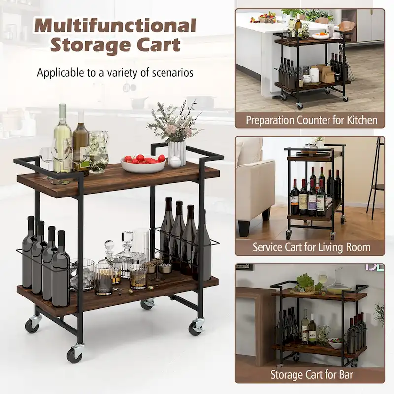 Gymax Home Bar Cart 2-tier Home Bar Cart w/ Lockable Wheels &