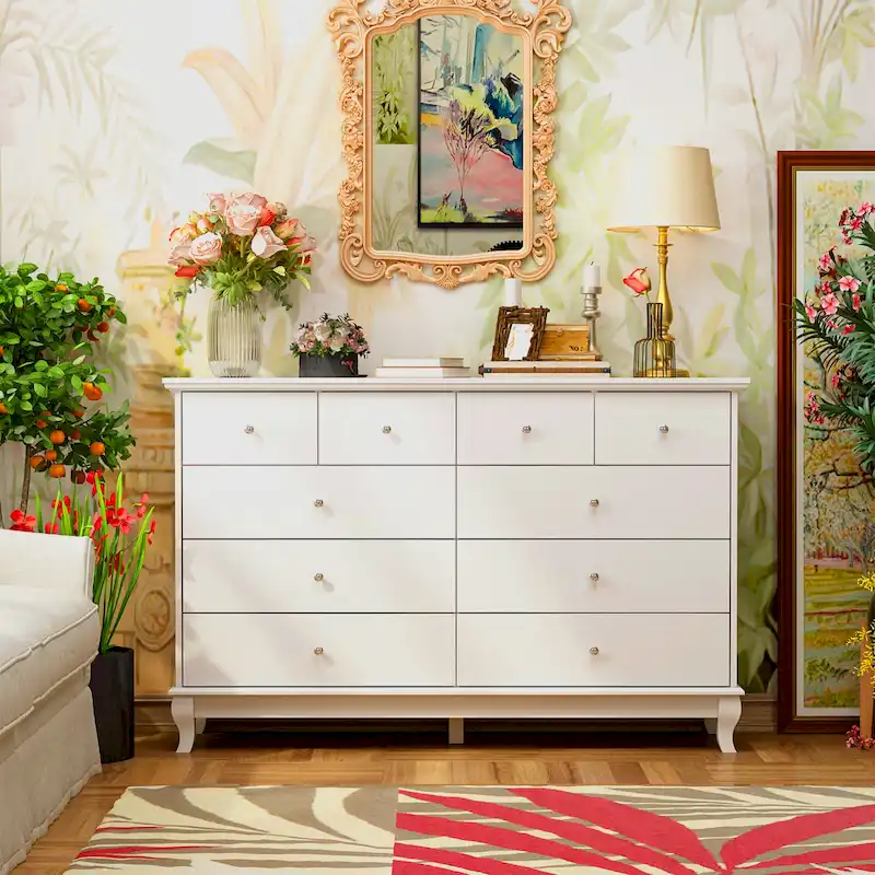 55-Inch Wide White Lacquer 10-Drawer Storage Dresser