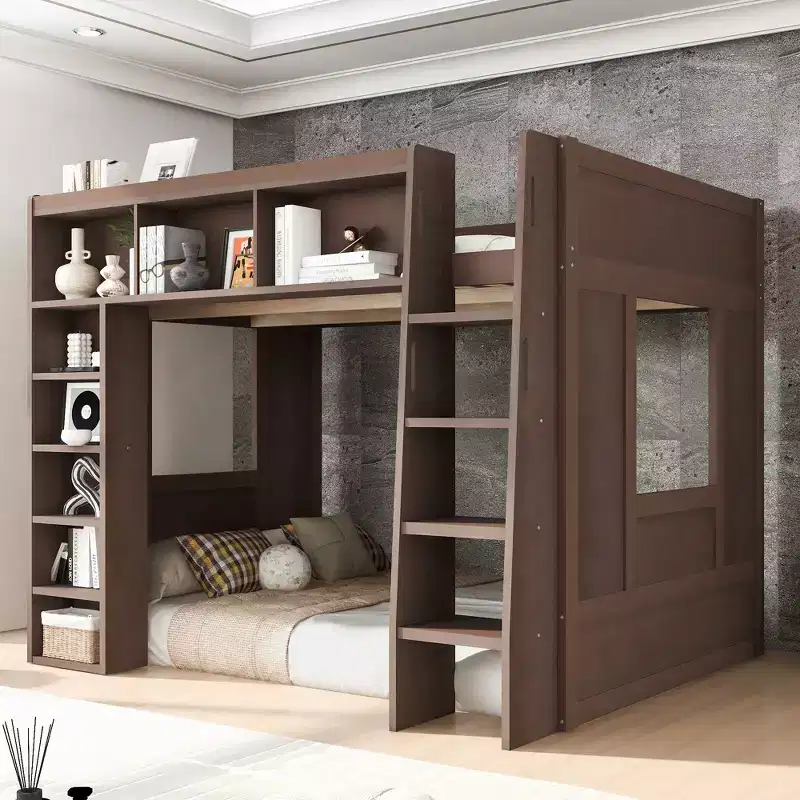 Queen Hight Loft Bed with Storage Shelves & Cabinet, Solid Wood Loft Bed Frame with Bookcase and Under-Bed Space for Dorm Apartment