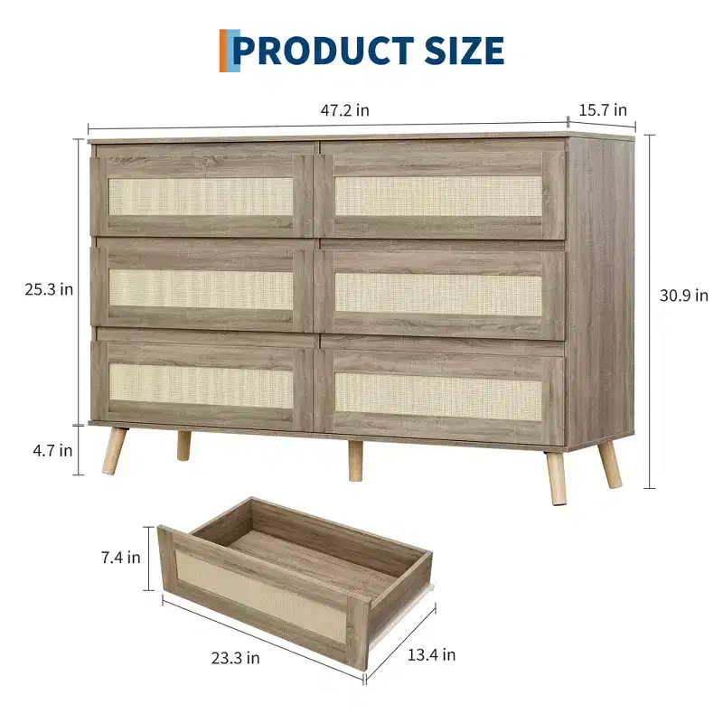 Rattan 6 Drawer Dresser for Bedroom, Wooden Dressers & Chests of Drawers, Modern Farmhouse Storage Organizer for Closet, Entryway, Living Room