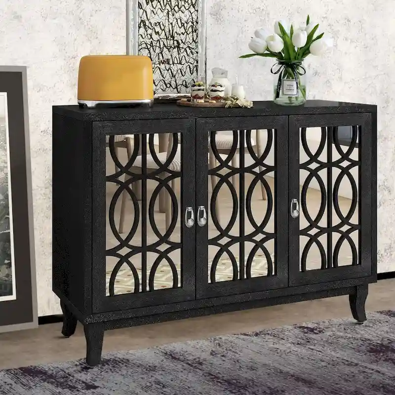 Black/Champagne/Natural Wood Wash Modern Wood Sideboard with 3 Mirrored Cabinet Doors & Adjustable Foot Pads