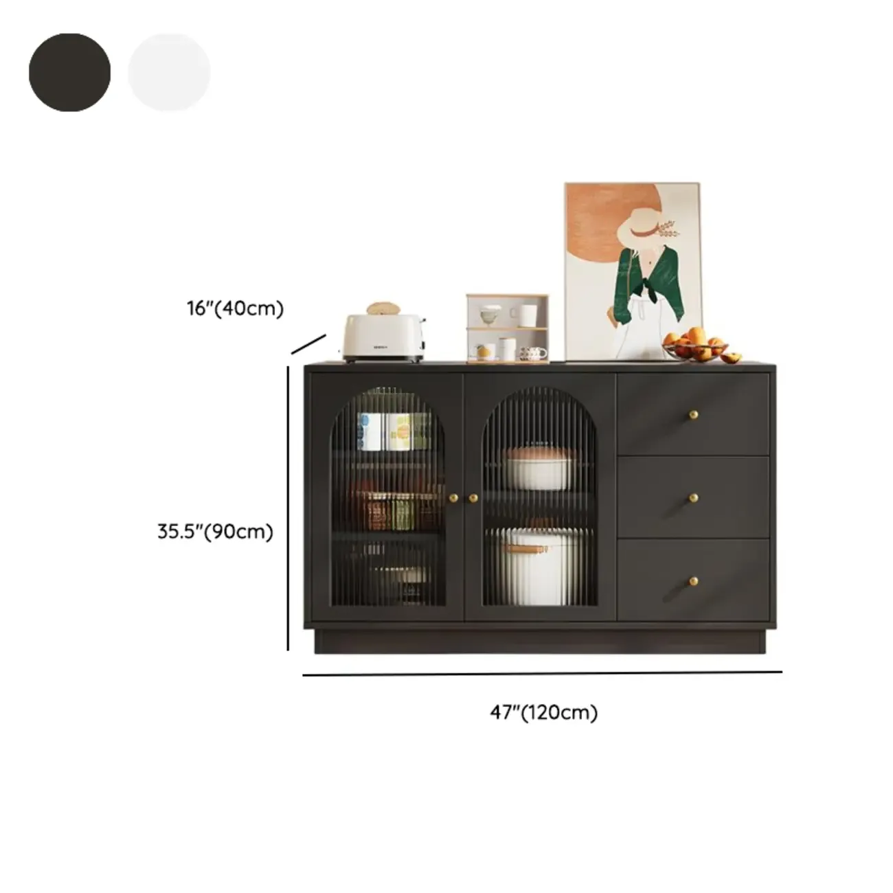 Elegant Adjustable Arched Glass Wood Buffet Cabinet with 3 Drawers