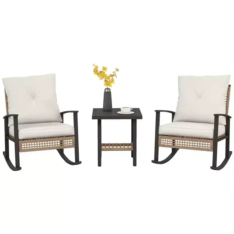 Outsunny 3 Pieces Patio Bistro Set, Wicker Furniture Set with Button Tufted Cushions, Rattan Rocking Chairs and Coffee Table