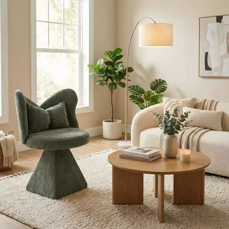 FurnitureR Upholstered Swivel Accent Chair with Pillow, Sculptural Vanity Chair with Curved Back for Bedroom, Living Room or Makeup Area