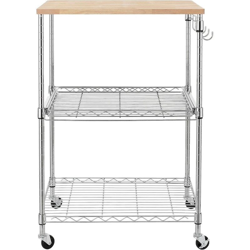 Tier Oak Wood Kitchen Cart with Wheels Slider Shelf and Hooks for Microwave Coffee Storage in Dining Room