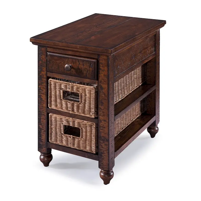 Brown Pine and Rattan Coastal Chairside End Table with Storage Baskets