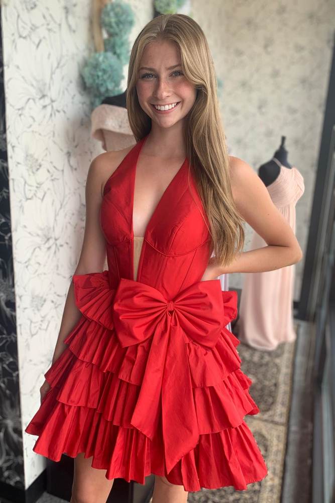 Red - Halter A Line Ruffles Satin Homecoming Dress With Bow