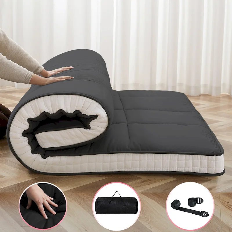 Grey / Black Roll-Up Floor Futon Mattress – Standard & Thickened, Twin/Full/Queen