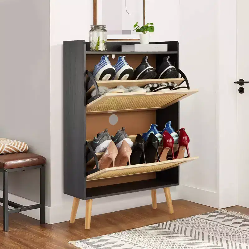 Shoe Storage Cabinet with 2 Drawers, Rattan Shoe Organizer Cabinet, Slim Entryway Hidden Shoe Rack for Living Room Bedroom Hallway
