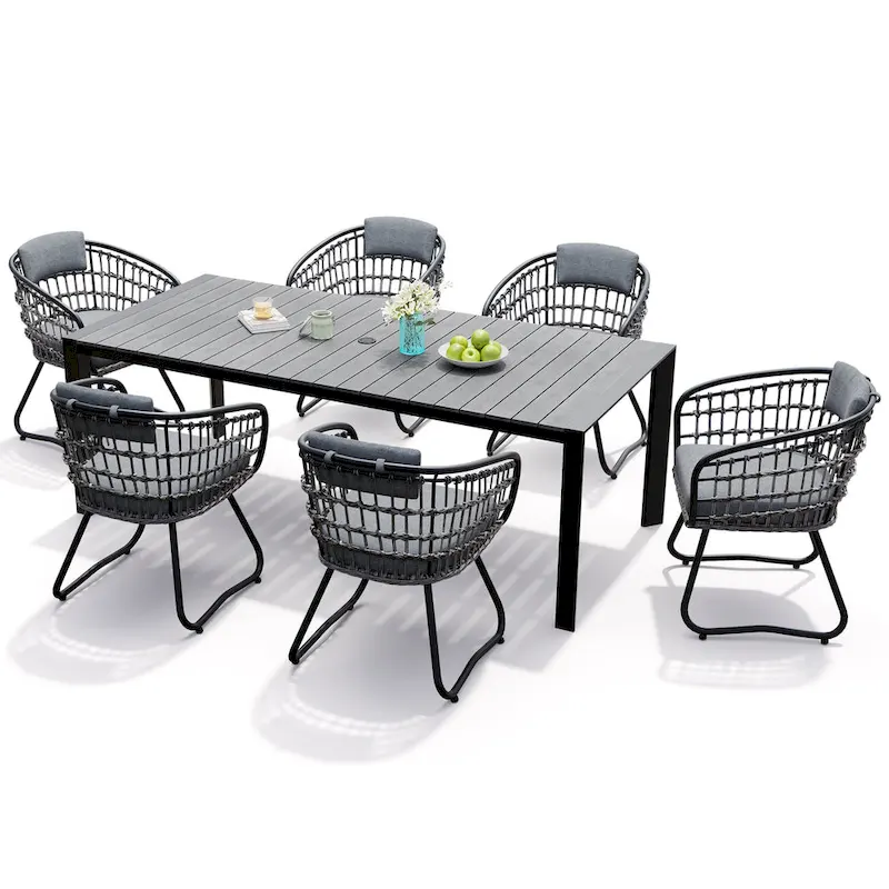 Outdoor Patio Dining Set Aluminum Table with Umbrella Hole with Rattan Chairs