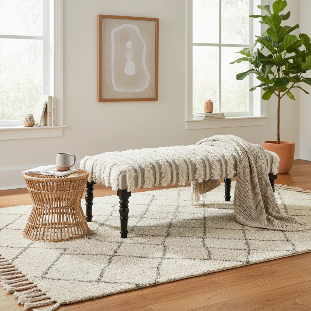 Cream Striped Upholstered Bench with Black Legs - 47