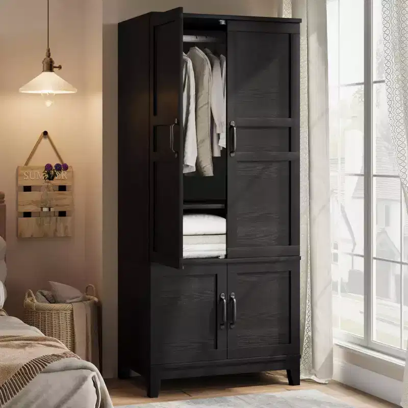 72 Tall Modern Wooden Armoire Wardrobe Closet, 4 Doors, 18 Adjustable Shelves & Hanging Rod, Freestanding Bedroom Storage Cabinet
