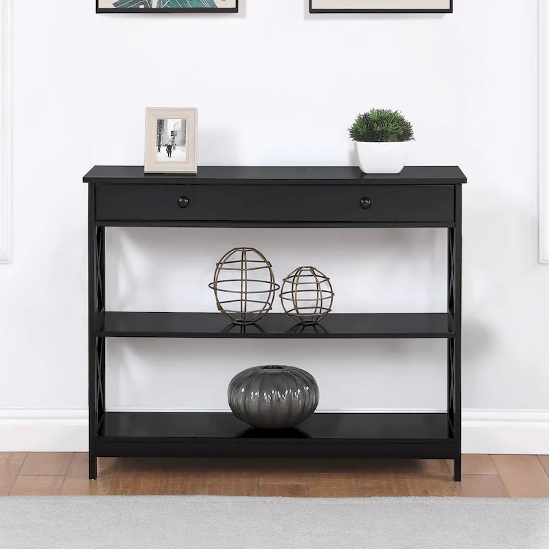 X-Frame Console Table with 1 Drawer & 3-Tier Shelves – 15 Finishes, Transitional Style, Single