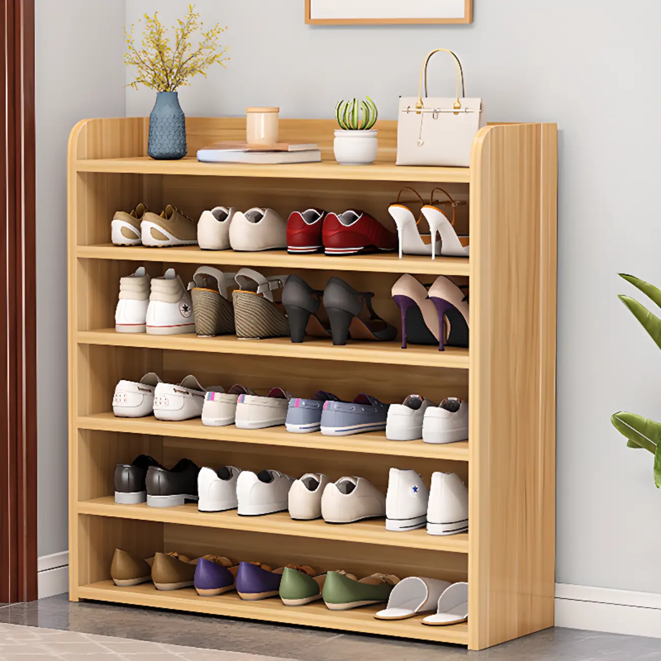 Vertical White Wooden Hallway 6-Tier Open Shoe Rack