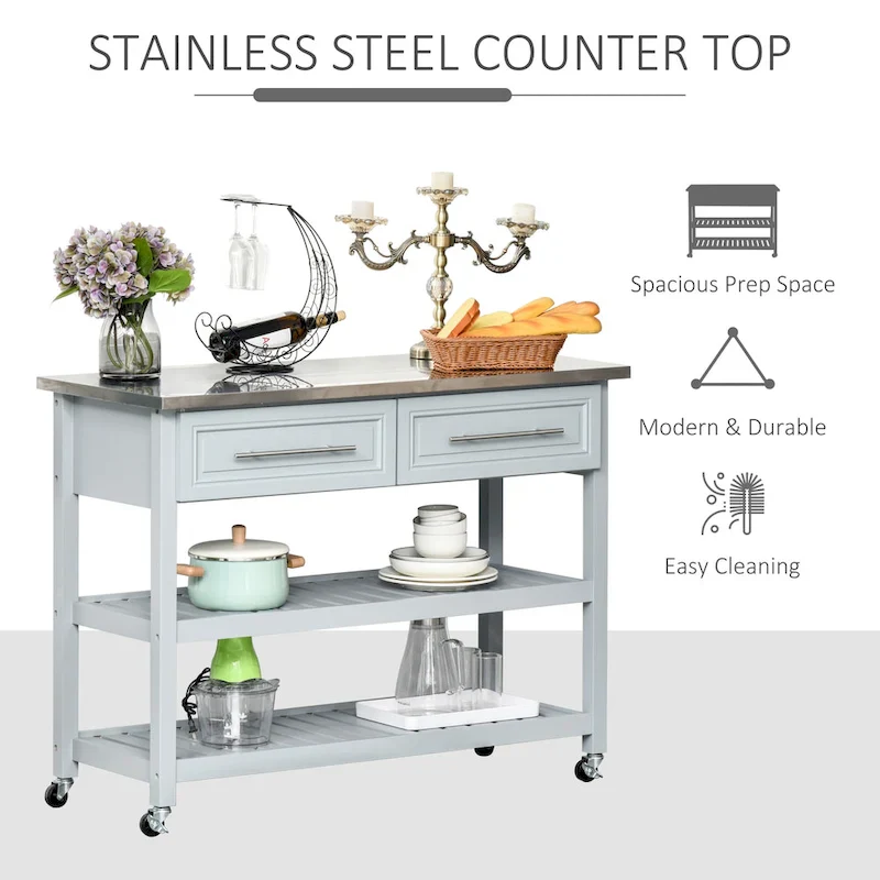 HOMCOM Kitchen Island Stainless Steel Top Rolling Utility Cart with Drawers, Shelves - Grey