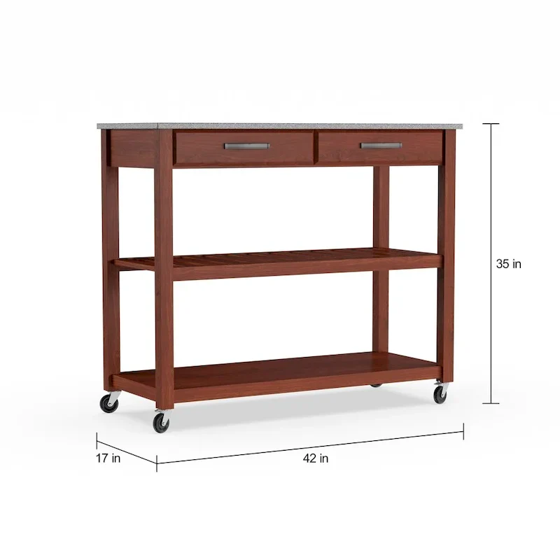 Cherry Wood Kitchen Cart with Granite Countertop, 2 Drawers, Slatted Shelf & Casters – Traditional Style