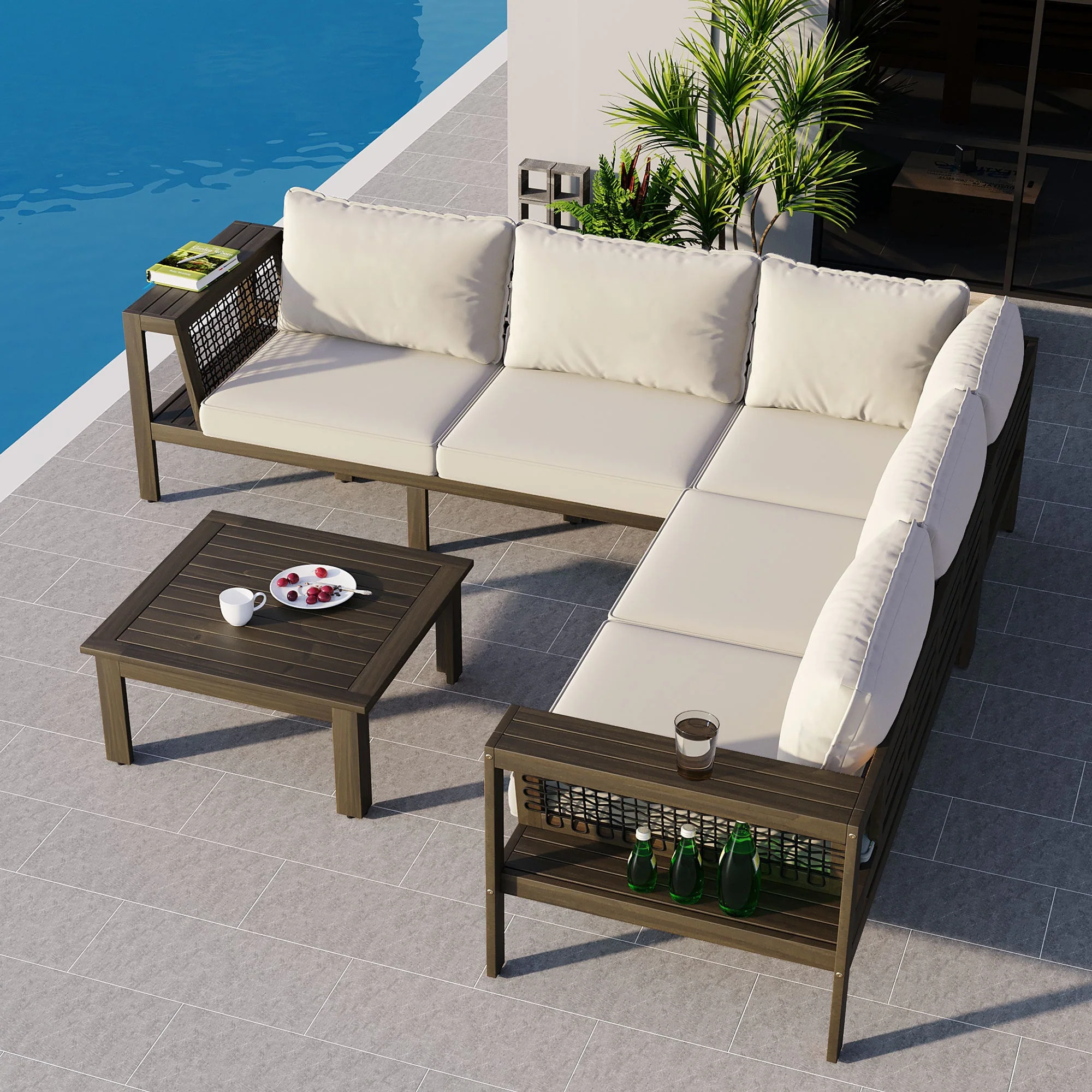 Walker Edison | Acacia L Shape Wood 4 Pieces Outdoor Sofa Set
