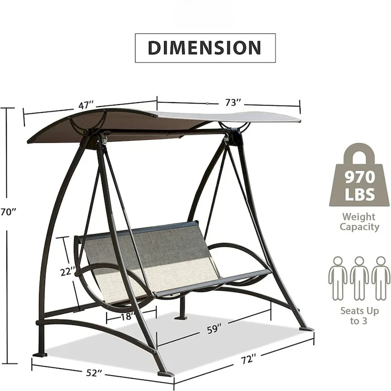 3-Seat Outdoor Patio Porch Swing Chair with Adjustable Canopy