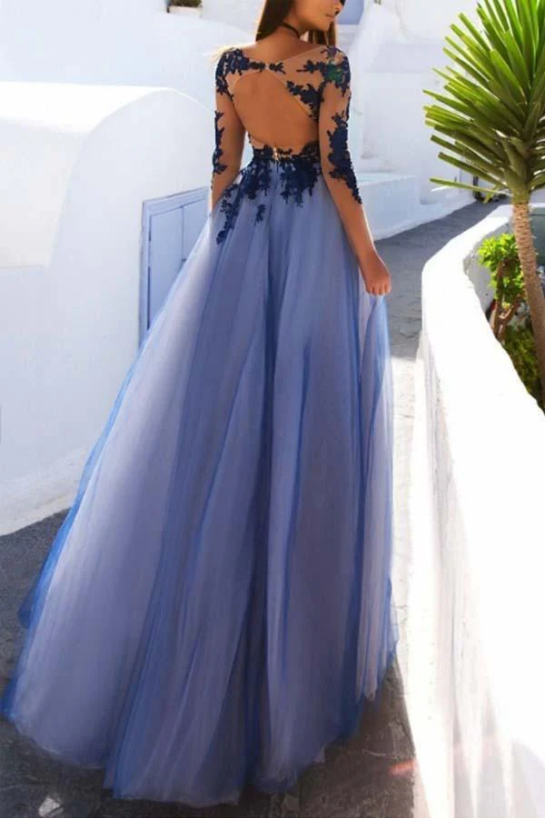 Sexy Long Sleeves Blue Lace Open Back Prom Dresses Evening Dresses