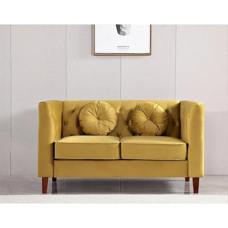 Velvet Chesterfield Loveseat with Wood Legs, 2-Person