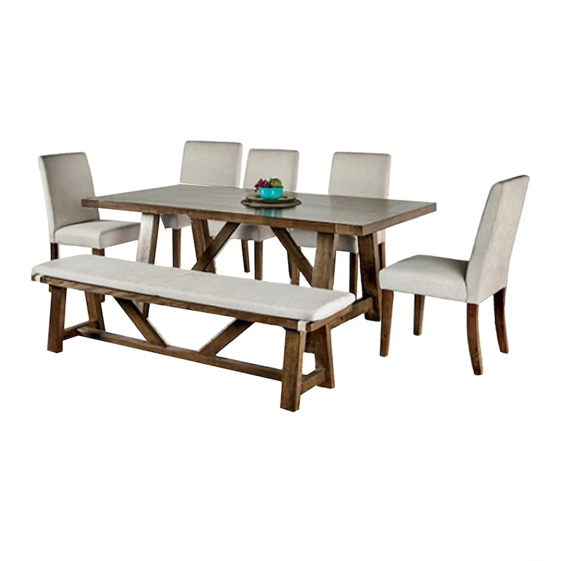 7-Piece Dining Table, Chairs and Bench with White Seat, Brown Rectangular