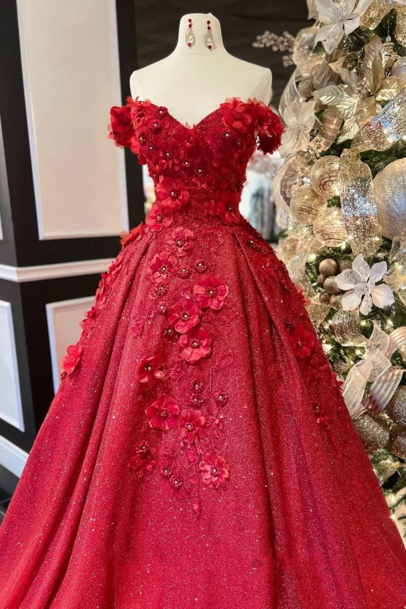 Ball Gown V Neck Beads Appliques Red Off-the-Shoulder Long Quinceanera Dresses