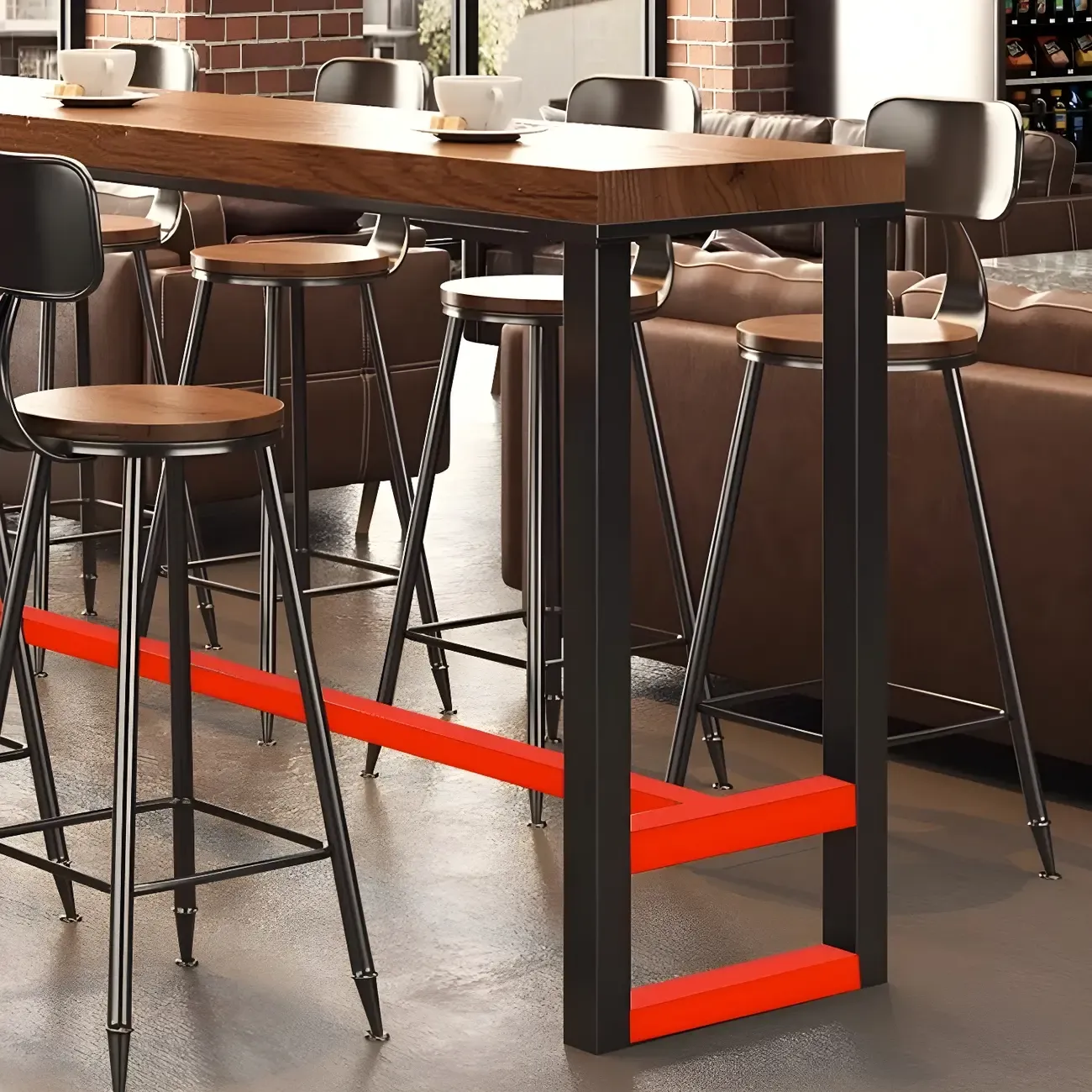 Industrial Brown Pine Wooden Metal Trestle Bar Tables