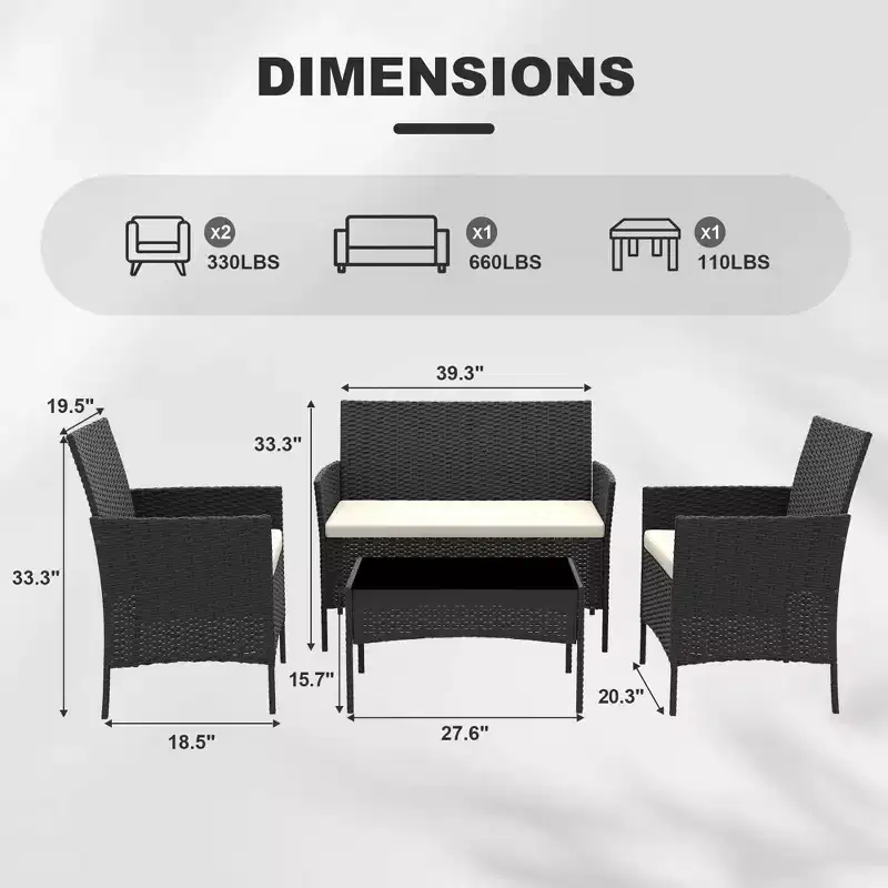 4 Piece Patio Furniture Set, Rattan Wicker Patio Conversation Set with Coffee Table, Outdoor Table and Chairs Set for Backyard Poolside,Black & Beige