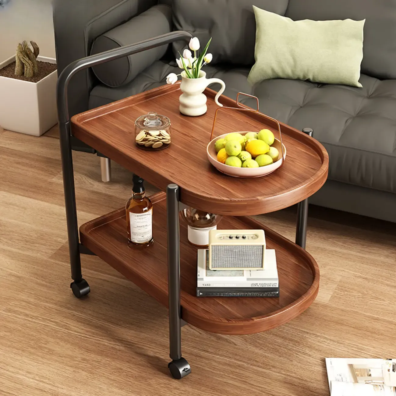 Modern 2-Tier Wood Round Coffee Table with Wheels, Tray