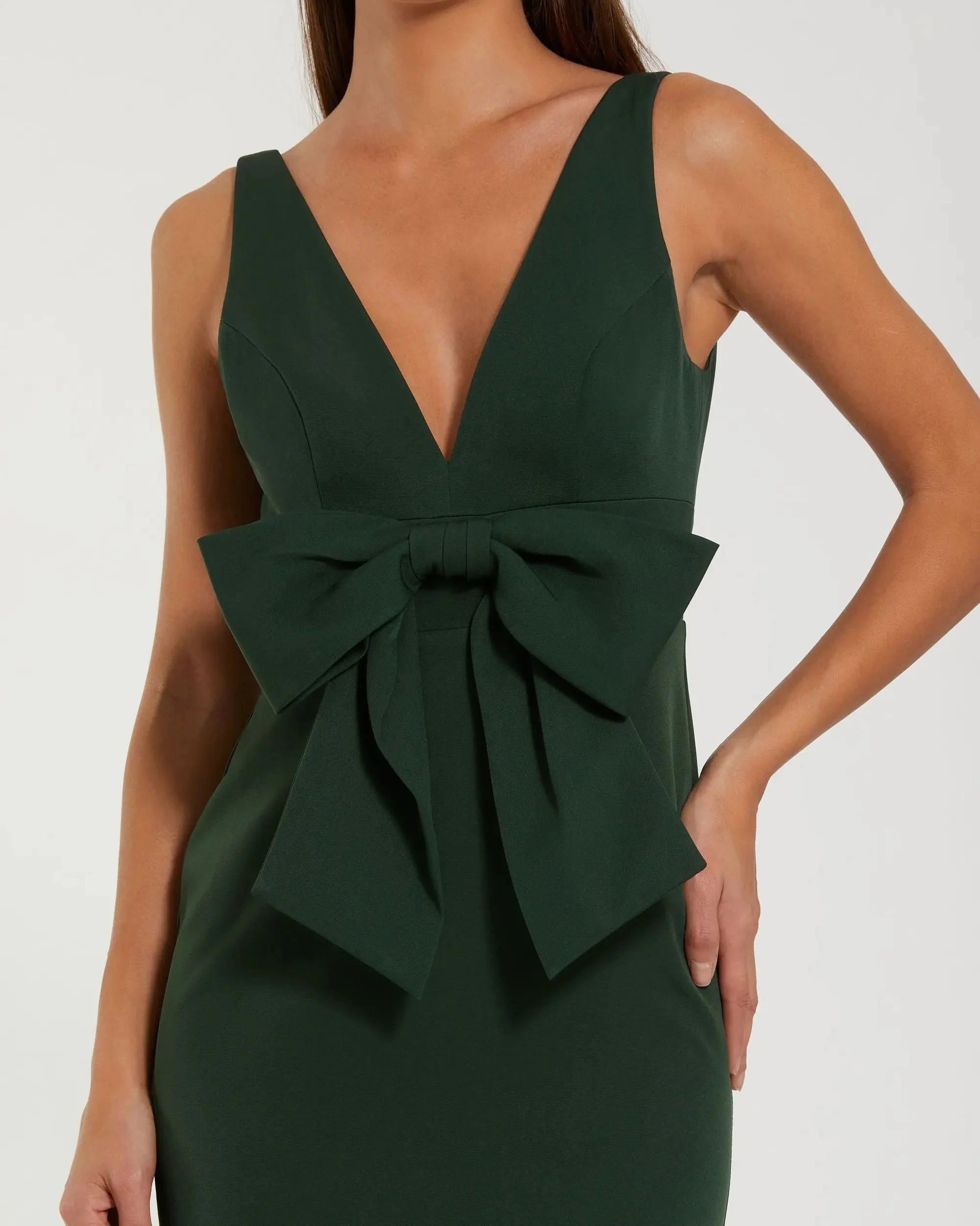 Green Crepe Sleeveless V-Neck Gown with Bow