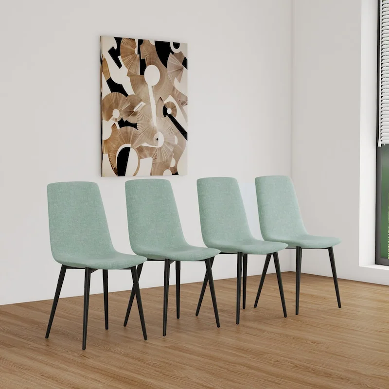 Upholstered Dining Chair Set of 4, Linen Fabric Seat, Black Metal Legs, Caramel/Beige/Brown/Gray/Green