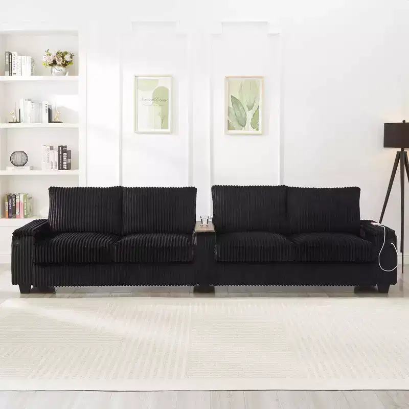 MAYEERTY 4 Seater Corduroy Sofa Couch 133 Modern Sofa with Ports Hidden Storage Arms Flip Top Cup Holders for Living Room Black