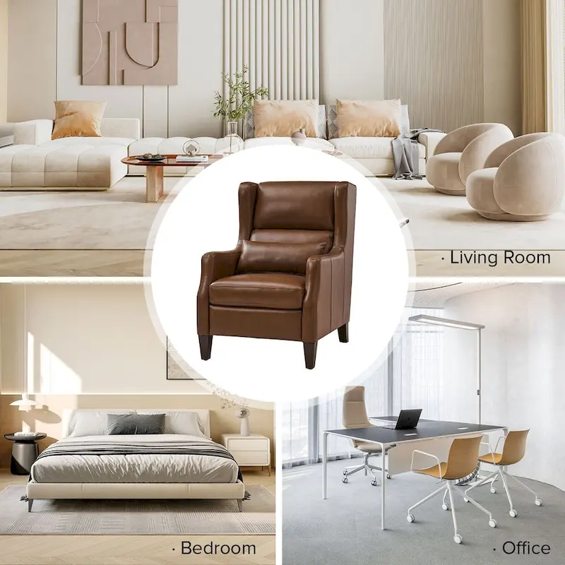 Genuine Leather Wingback Armchair with Lumbar Pillow