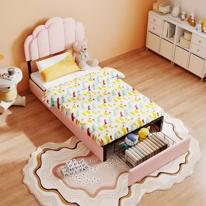 GDFStudio Nora Modern Velvet Upholstered Kids Platform Bed with 2 Storage Drawers