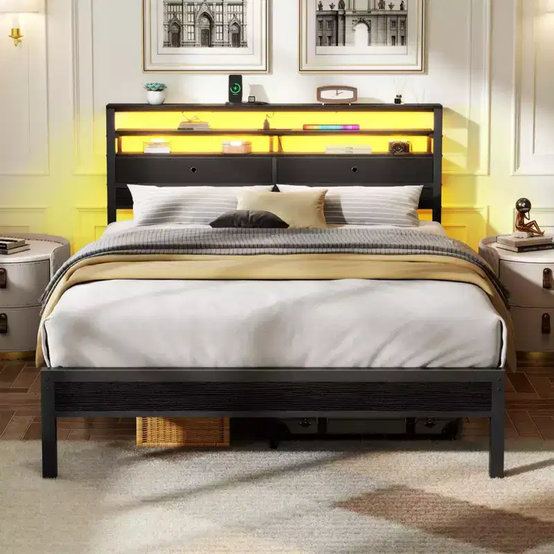 Queen Bed Frame With RGB LED Lights Storage Headboard Charging Station Black Oak Metal Platform Mattress Foundation No Box Spring Needed Heavy Duty