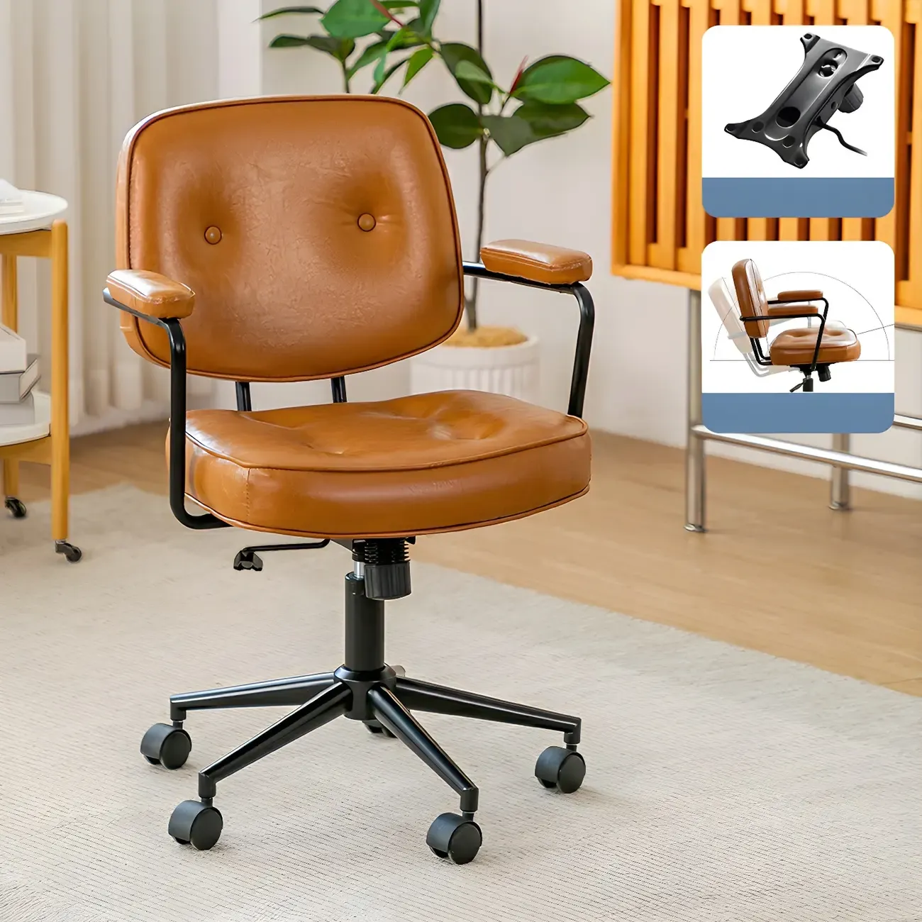 Modern Brown Leather Swivel Low-Back Office Chair