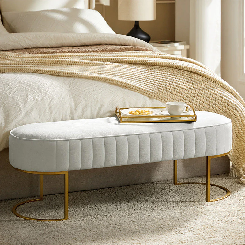Channel-Tufted Upholstered Storage Bench with Foam Fill & Gold Metal Legs | Ivory / Grey / Beige | Single