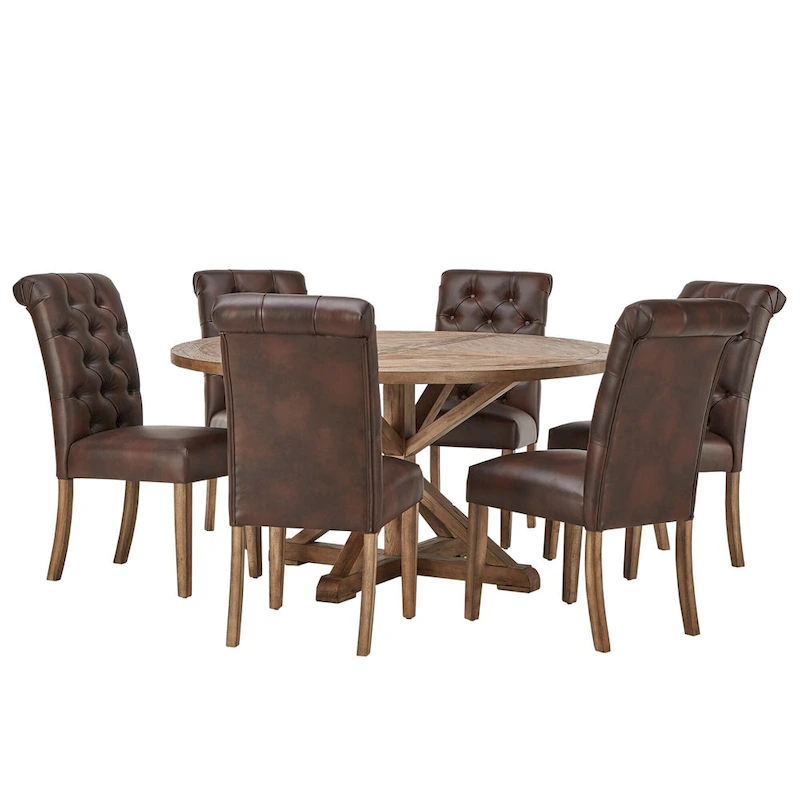Benchwright Rustic X-base Round Pine Wood Rolled Back 7-piece Dining Set by iNSPIRE Q Artisan