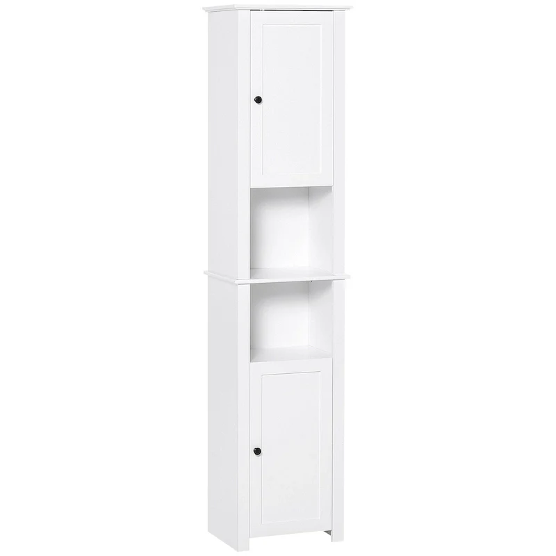 White Engineered Wood Tall Freestanding Linen Tower with 2 Cabinets & 2 Open Shelves