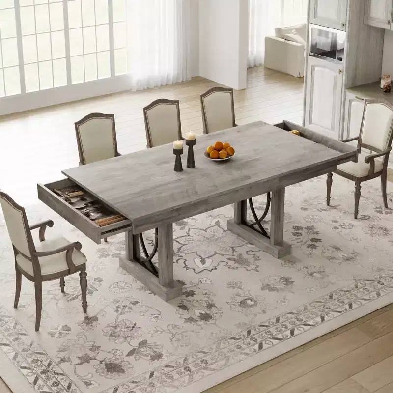 Elegant and Durable Dining Table for Home and Restaurant, Thick Rectangular Top, Sturdy Double Pedestal Frame, Ideal for Modern Dining Spaces