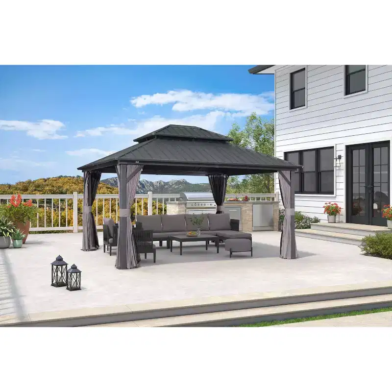 PURPLE LEAF 12' x 14' Permanent Hardtop Gazebo Aluminum Frame Gazebo with Galvanized Steel Double Roof, Netting & Curtains included - Grey