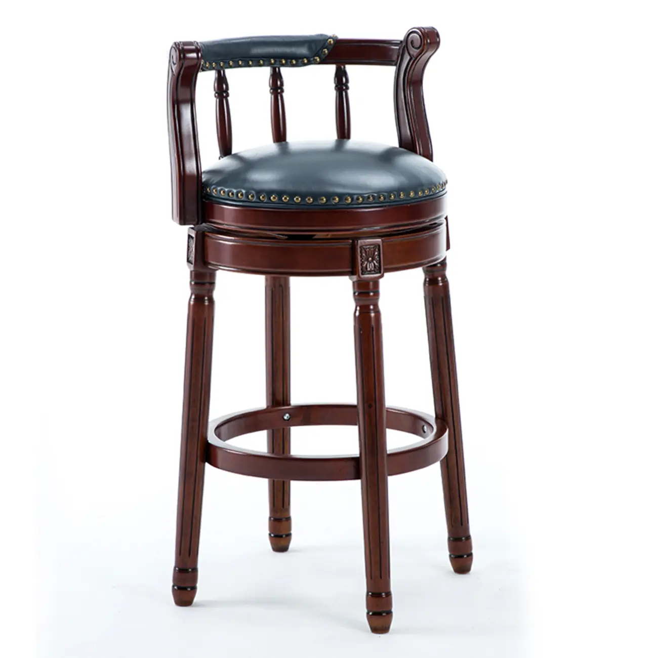 Swivel Counter Height Bar Stools in Genuine Leather & Walnut Solid Wood