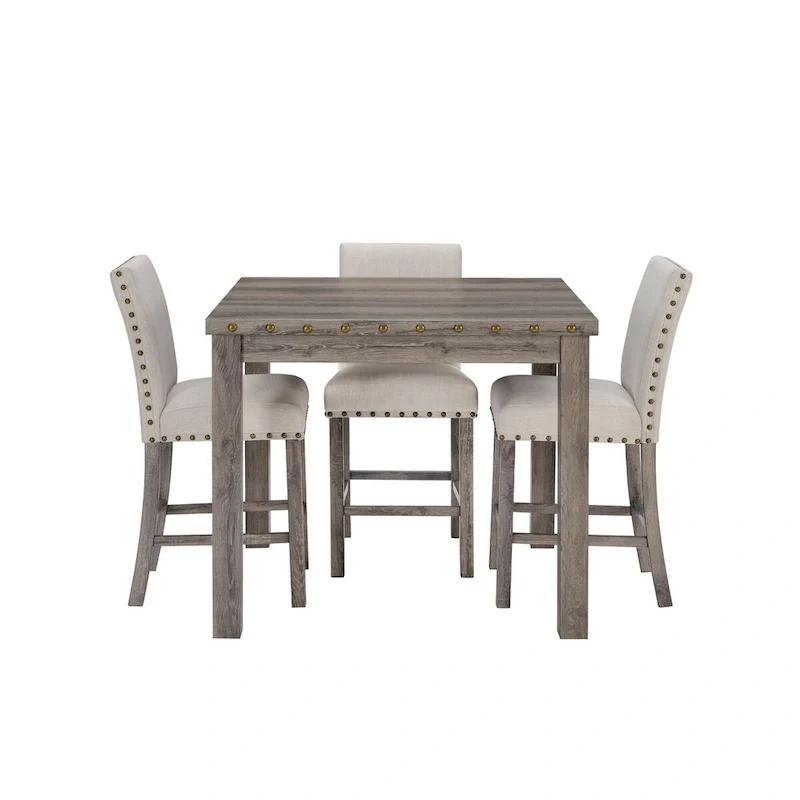 Farmhouse 5-Piece Square Bar Table with 4 Upholstered Counter Stools