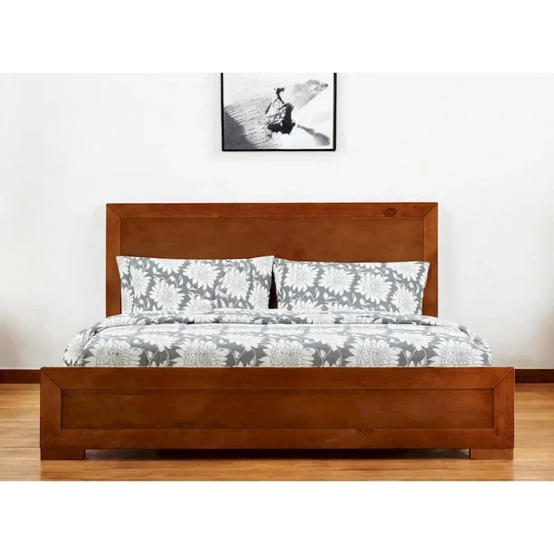 HomeRoots Brown Inlaid Panels Solid Wood Full Bed Frame