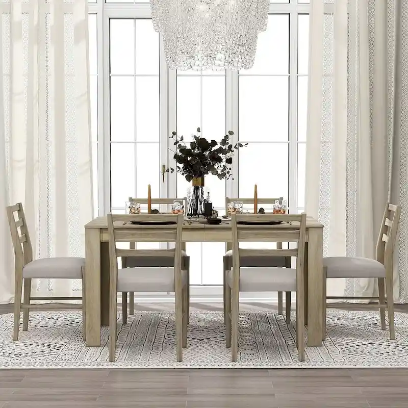 7 PCS Wooden Dining Table Set for 6 with Extendable Table