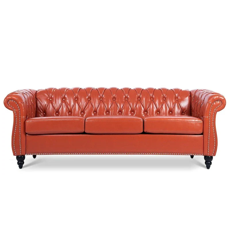 Tufted Sofa - Faux Leather, Rolled Arms Design, Seats 3
